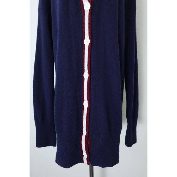 Equipment Size L Cashmere Cardigan Sweater Button Front Navy Red White Stripe - Picture 3 of 12
